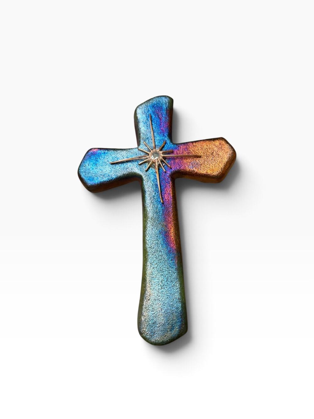 Jeremy Diller Raku Pottery Wall Cross 5 inch Southwest Folk Art NWT Wire Star